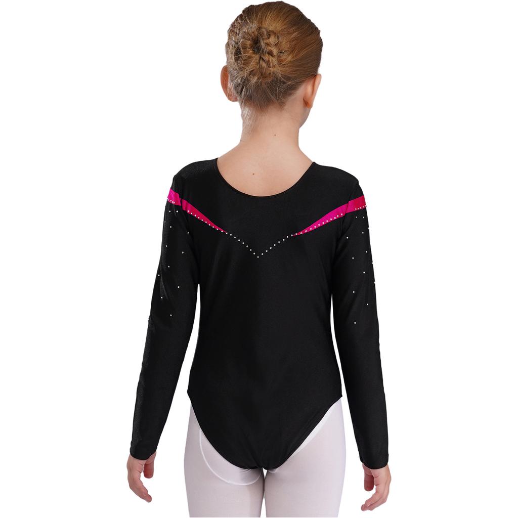 Girls Long Sleeve V Neckline Dance Leotards Shiny Rhinestone Decorated Contrast Color Slim Fit Unitard