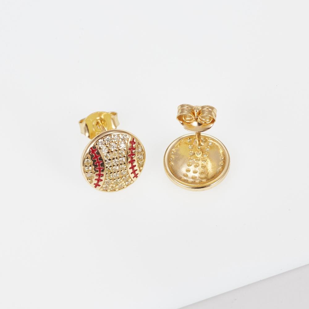 Mens Full Zircon Round Cut Gold Plated Earring 925 Silver Baseball Stud Earrings