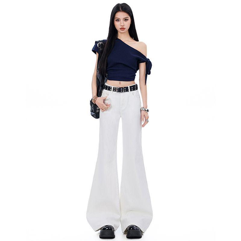 Spring Summer High Waist Stretch Minimal All Match Slim Floor Wide Leg Denim Pants For Ladies Casual Pants Oversize Denim Trousers