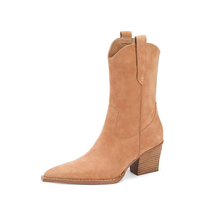 Fashion NEW Autumn Women Boots Sheep Suede Shoes Women Pointed Toe Chunky Heel Women Boots Winter Short Western Boots Women Cowboy Boots