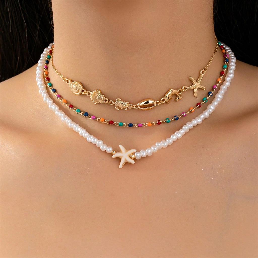 

Bohemian Three-layer Rice Beaded Necklaces for Women Classic Starfish Shell Conch Dolphin Turtle Necklaces Set Jewelry Gift