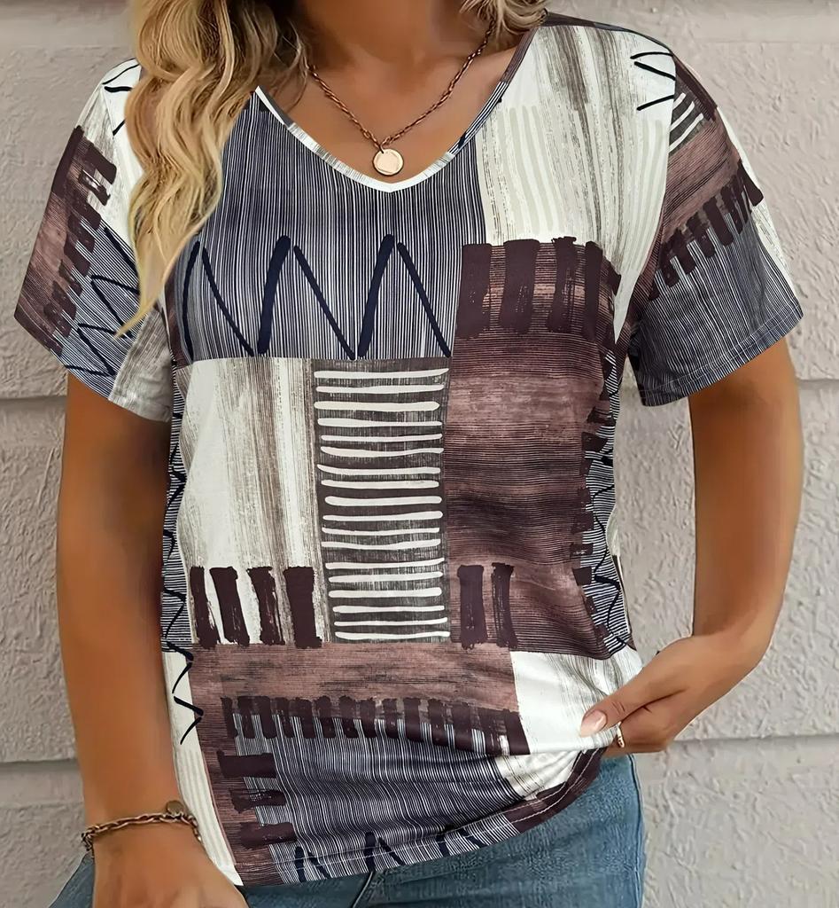 S-8XL Plus Size T-shirt for Women's Summer Leisure Simple V-neck Plaid Short Sleeve Top Loose Casual Ladies T-shirt Pullover