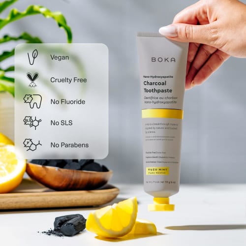 Boka Charcoal Toothpaste - Nano Hydroxyapatite, Fluoride Free, Remineralizing, Sensitive Teeth, Whitening - Dentist Recommended for Adult, Kids - Yuzu