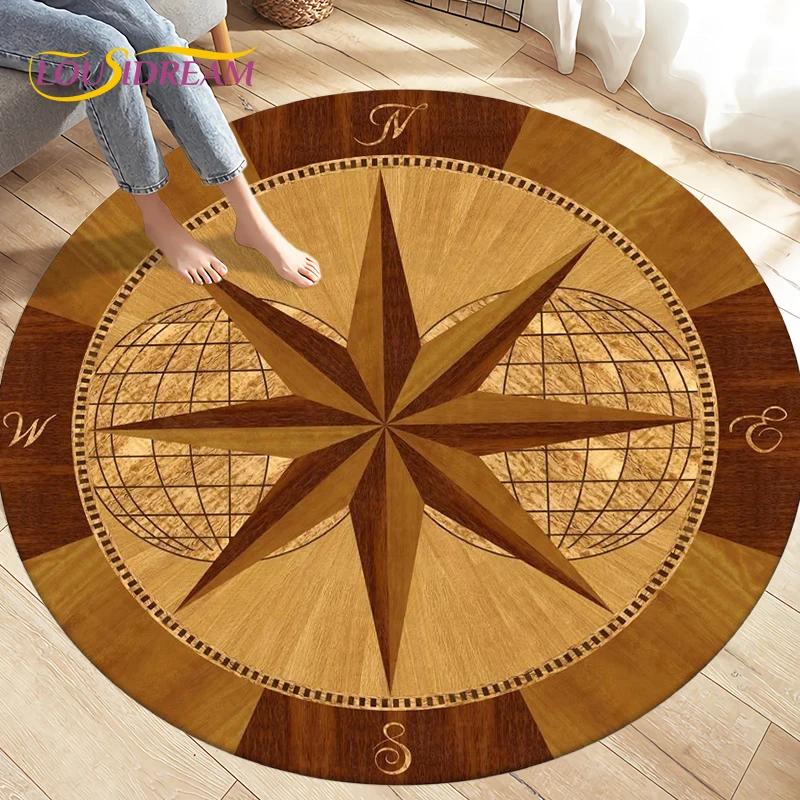 Compass Round Area Rug,Retro British Navy New World Discovery Rug,Carpets for Living Room Bedroom,Kids Play Non-slip Floor Mats