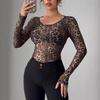 European and American TEMUy2k2026 New Women's Fashion Transparent Leopard Print Mesh Crew Neck Long-sleeved T-shirt