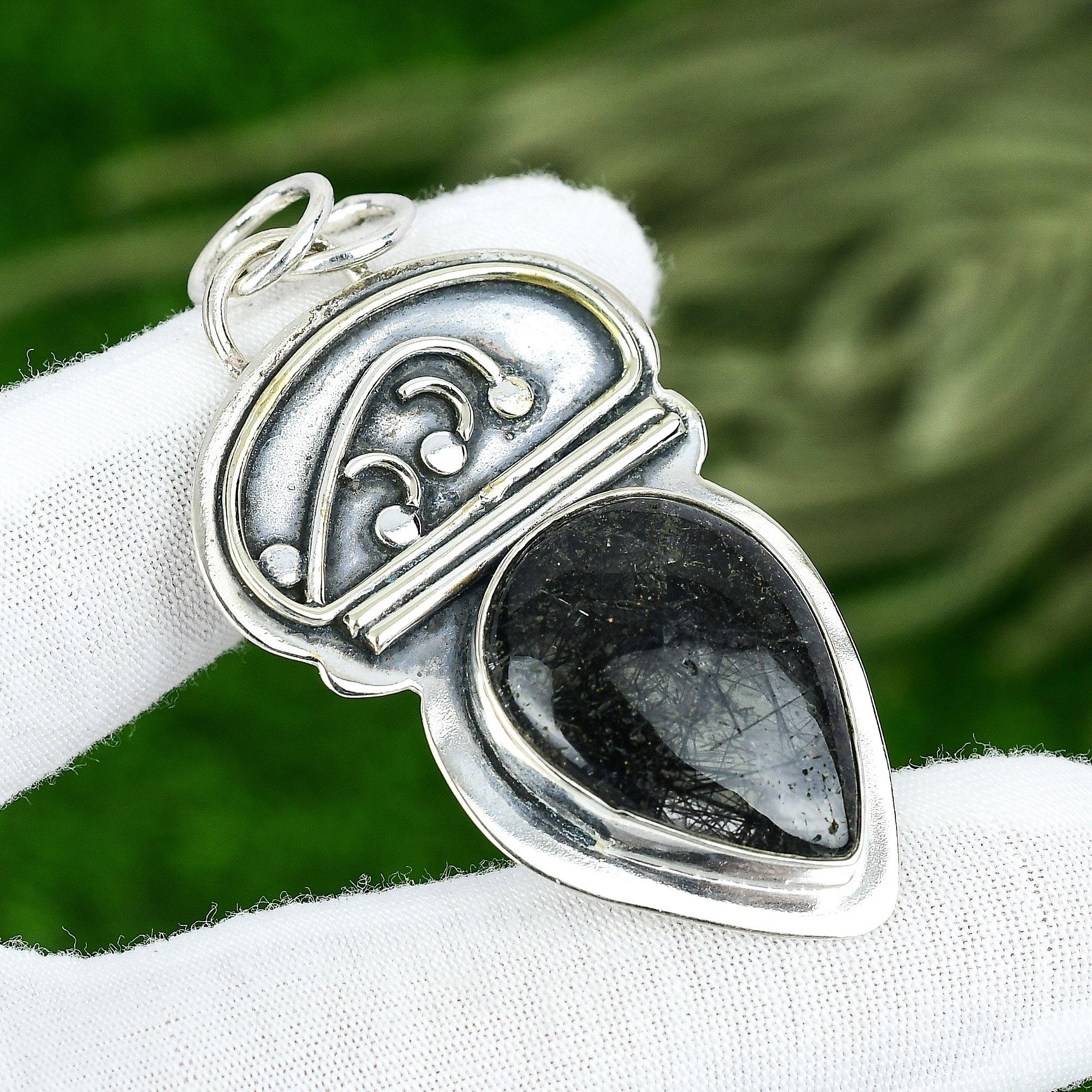 

Friendship Day Deal Sterling Silver Pear Black Rutile Gemstone Wedding Pendant