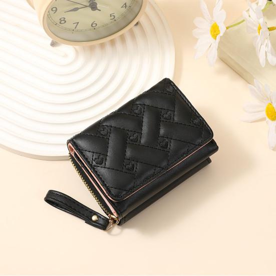 Women Stylish Tri-Fold Wallet Embroidered Heart Cash Wallet Mini Card Holder Wallet with Zippered Coin Pocket for Dating Shopping