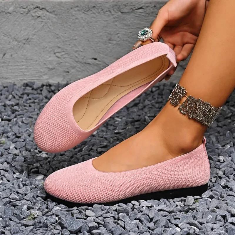 Women Flats Casual Slip On Shallow Shoes Comfortable Knit Ballet Flat Shoes Round Toe Office Boat Shoes Trend Plus Size Loafers