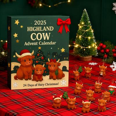 Highland Kuh Adventskalender 2025 Niedliche Highland Kuh Ornamente 24-Tage Weihnachts-Countdown Überraschungsgeschenke für Weihnachtsbaum Heimdeko