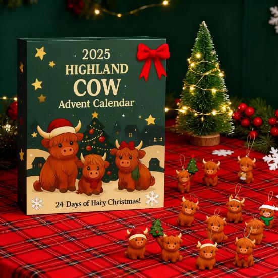 Yousheng Highland Cow Advent Calendar 2025 Cute Highland Cow Ornaments 24-Day Christmas Countdown Surprise Gifts for Christmas Tree Home Decor