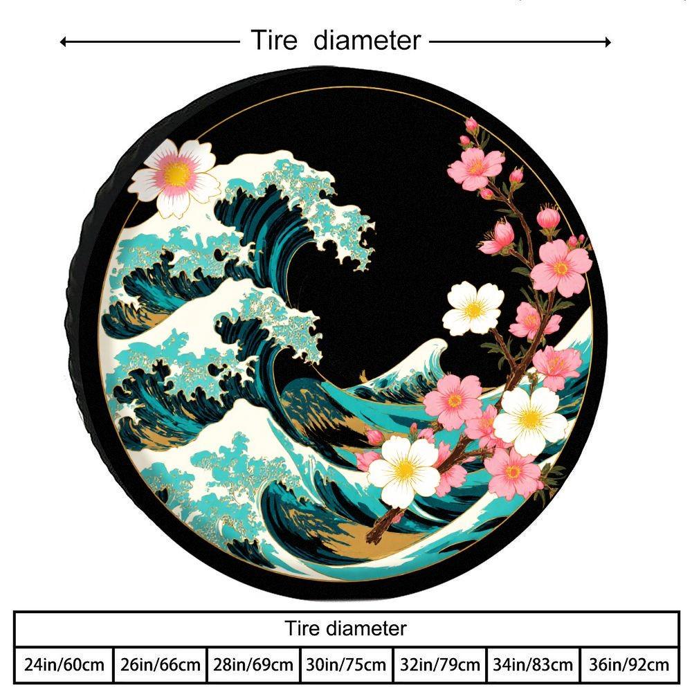 Japanese Wave Cherry Blossom Tire Cover Waterproof Durable Polyester Wheel Protector for SUV RV