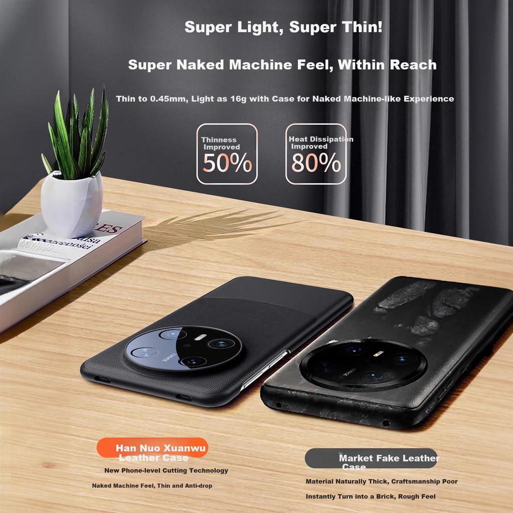 Phone Case for Huawei Mate70 Pro, Genuine Leather Protective Cover, Full Protection, Shockproof, Ultra-Thin Case, High-End Style, Obsidian Black