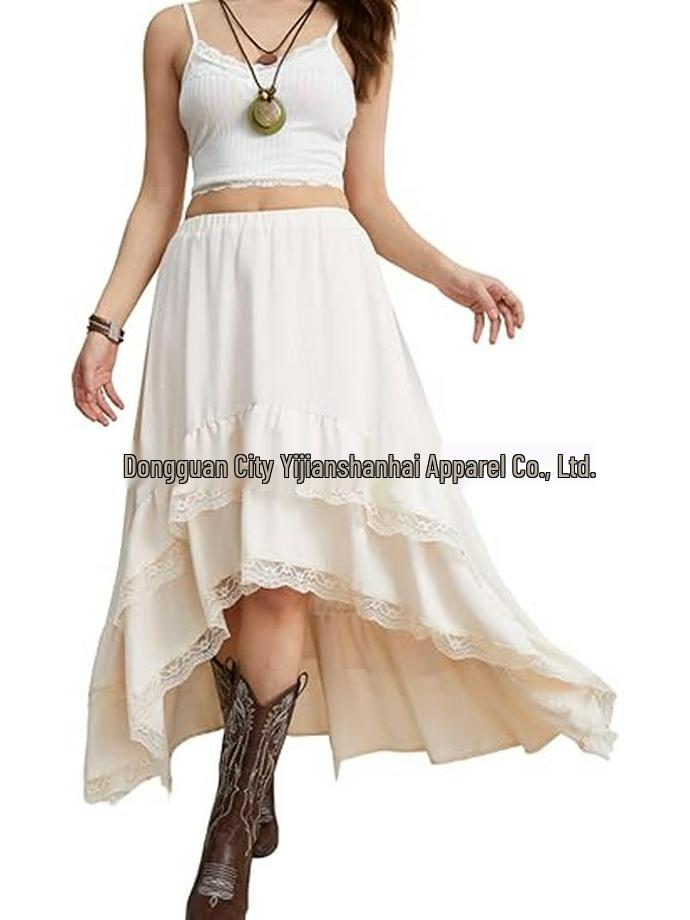 2026 Bohemian Style Printed Waist-Cinched Retro Short Skirt with Elegant Long Lace Design