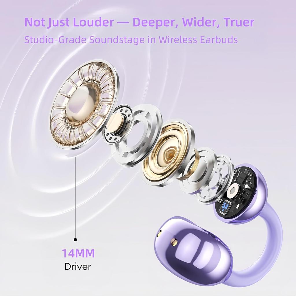 Elegant Touchscreen Clip-On Earbuds, Wireless Open Ear Headphones with 1.3" Color Display, Bluetooth 5.4, 50H Playtime, Ultra-Light 4.1g, IPX5