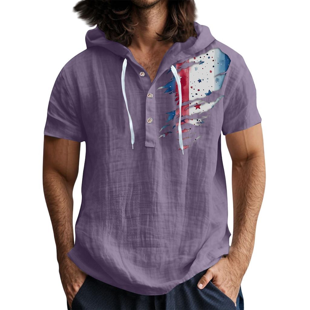 Men'S Casual Short Sleeved Hooded Top Buttoned Open Neck T-Shirt