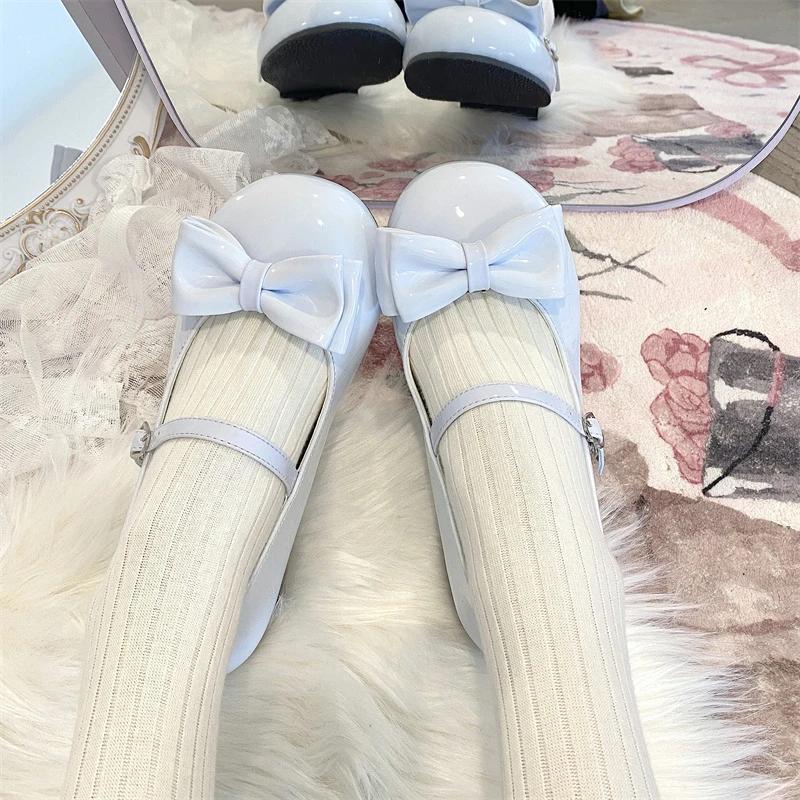 Fashion Sweet Cute Bow Low Heel 1cm Flats Round Head Shoes Lolitas for Girls Harajuku Jk Uniform Shoes