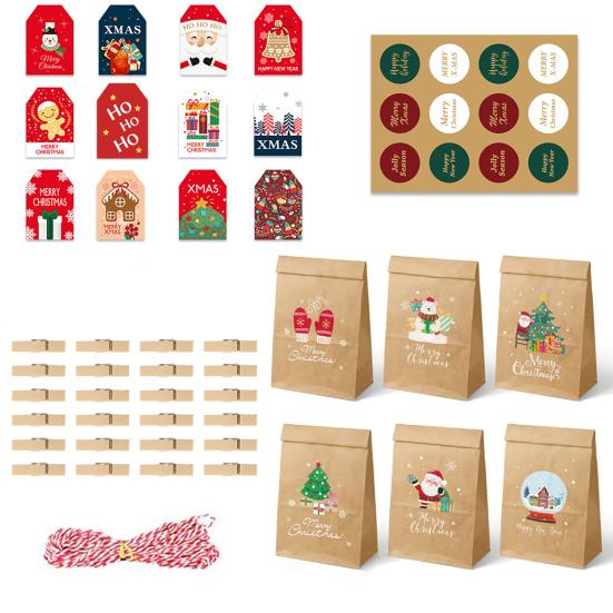 24Pcs/Set Christmas Gift Bag Santa Claus Snowman Deer Pattern Paper Treat Boxes Candy Packaging Festive Goodie Bags Decoration