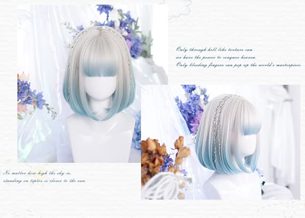 Harajuku and GAL Style Bob Lolita Wig One Gray and Blue Perfect for Mori and Yumekawaii Includes Hair Natural and Lightweight for a Slimmer Set, Curl,