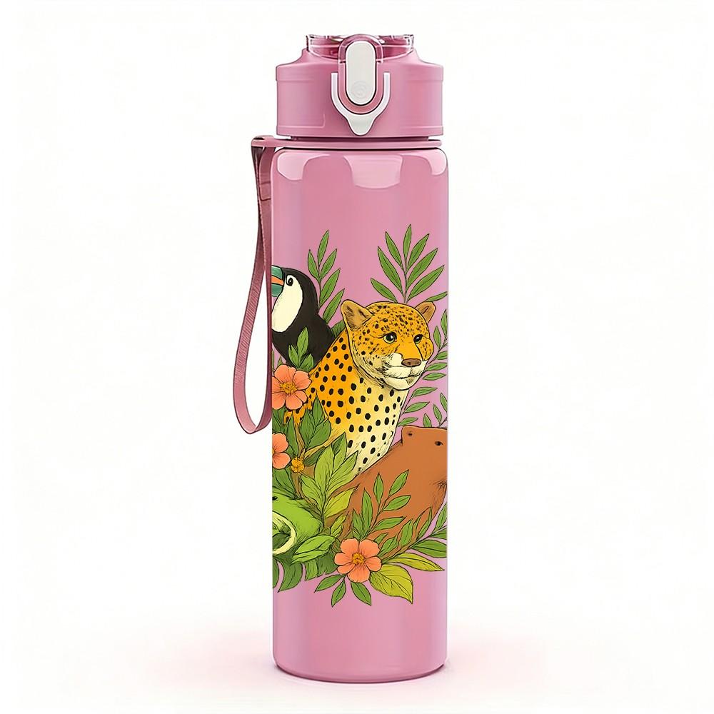 1PC Tropical Leopard Pattern 750ml Color Plastic Sports Water Bottle Leakproof Flip Straw Lid Suitable for Sports Office Home Use