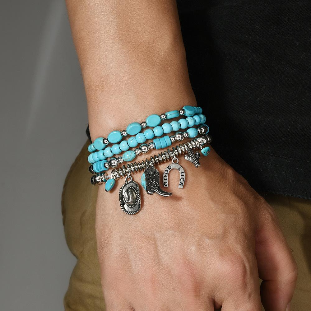 Türkis Schmuck, Damen Armbänder, Böhmische Türkis Retro Perlenarmbänder, Gestapeltes Set Armbänder.