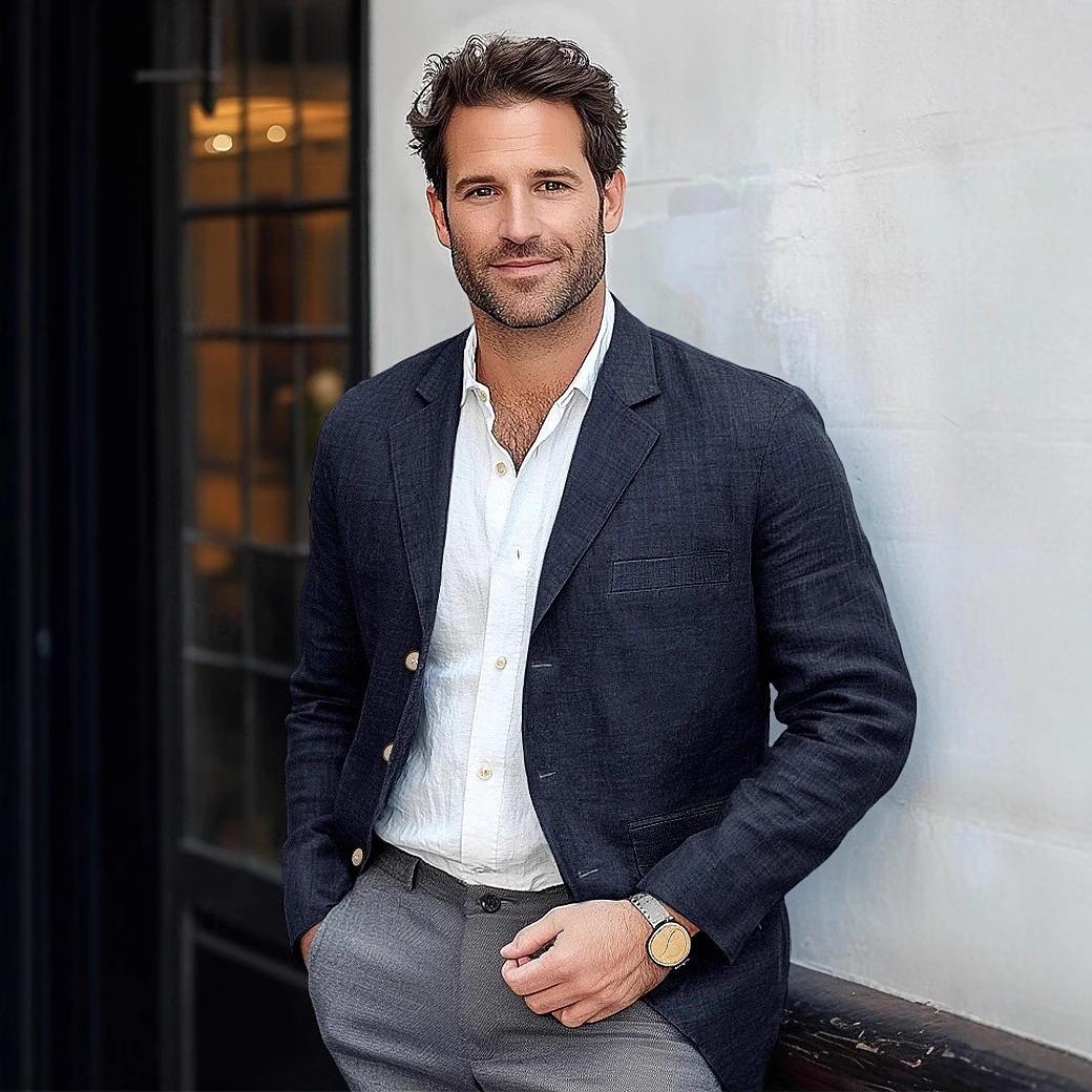 

Мужской бежевый текстурированный пиджак с лацканами с вырезом - Повседневное однобортное пальто для бизнеса S тёмно-синий