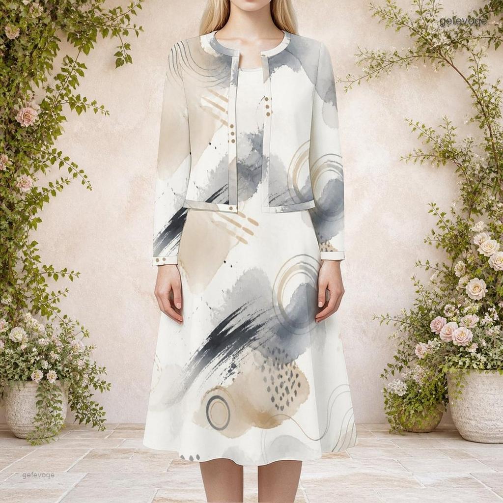 Women Plus Size Abstract Printed Two Piece Set Round Neck Long Sleeve Cropped Cardigan Sleeveless Midi Dress