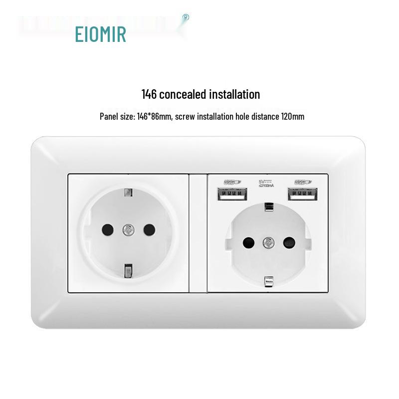 Curved White European Standard Socket Panel with Double USB & Type C, German Switch, Concealed Installation