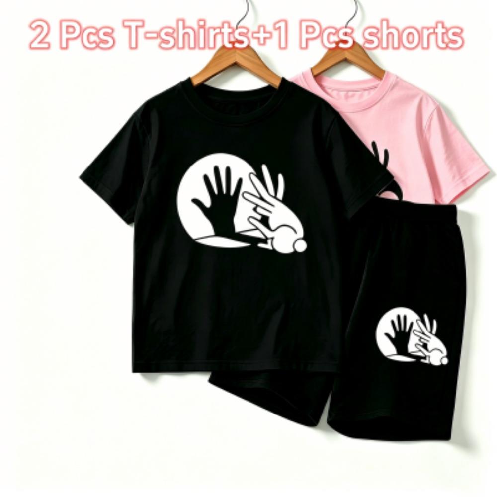 Rabbit Shadow Print Outdoor Street Kids T-shirt and Shorts Summer Home Casual Outfit Boy and Girl's Sports Set