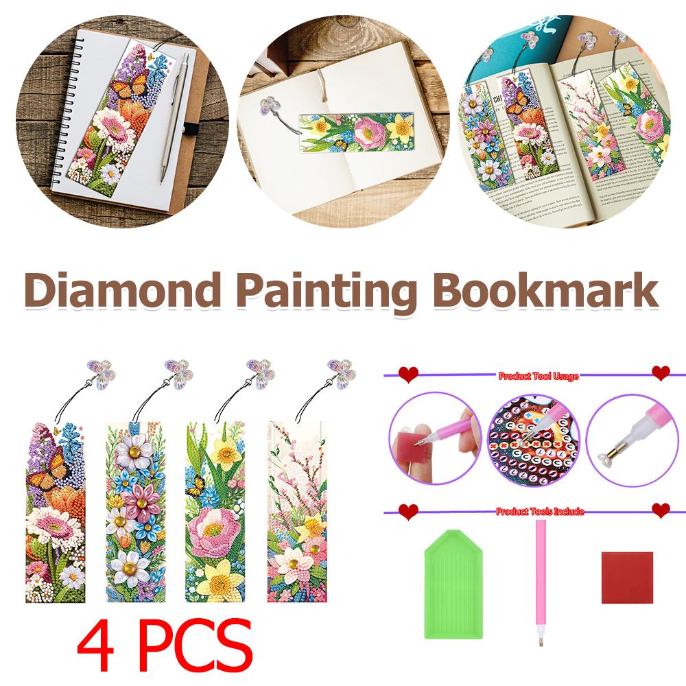 4 Stück Spezielle Form Schmetterlingsstrauch DIY Lesezeichen Diamantmalerei-Sets Diamantmalerei Lesezeichen Bastelset für Buchliebhaber