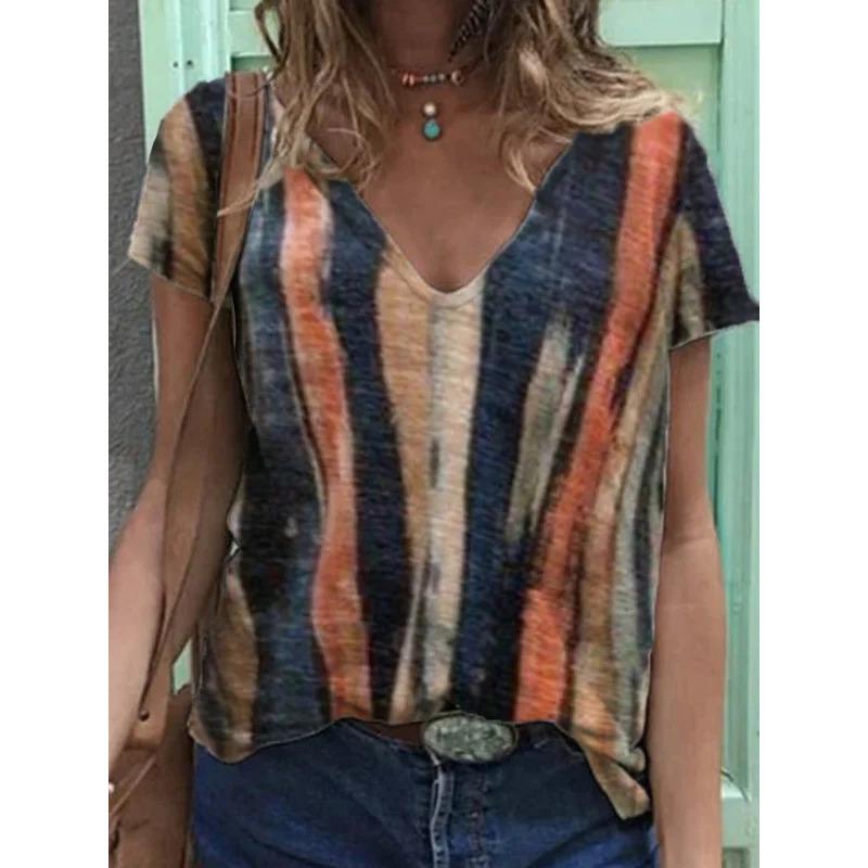 Summer V-neck 3D Retro Ethnic Style Printed Top Fashionable Casual Short Sleeved Women's T-shirts