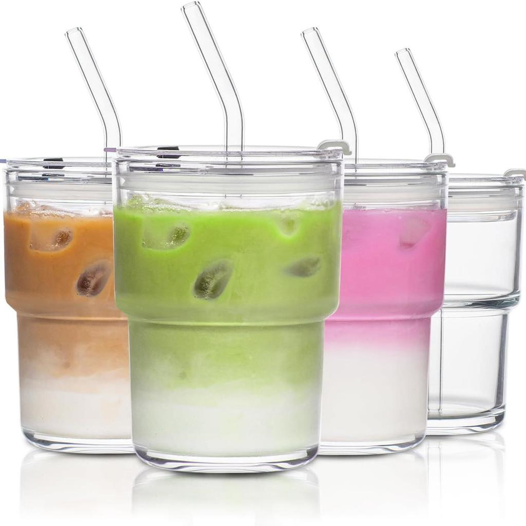 Eco-friendly Large Capacity Vertical Stripe Glass Cup with Straw