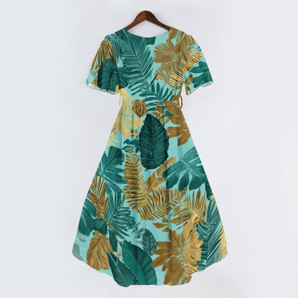 Women V Neck Short Sleeve Casual Dress Retro Floral Print Midi Dress Lightweight Summer Dress with Flared Skirt