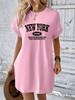 Dames Casual New York Grafisch T-shirt Jurk Korte Mouw Ronde Hals Losse Pasvorm Lente Zomer