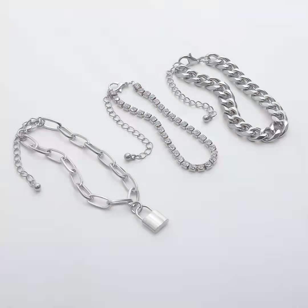 

Fashion Personality Thick Chain Claw Chain Diamond Jewelry Punk Retro Lock Mixed and Matched Chain Bracelet