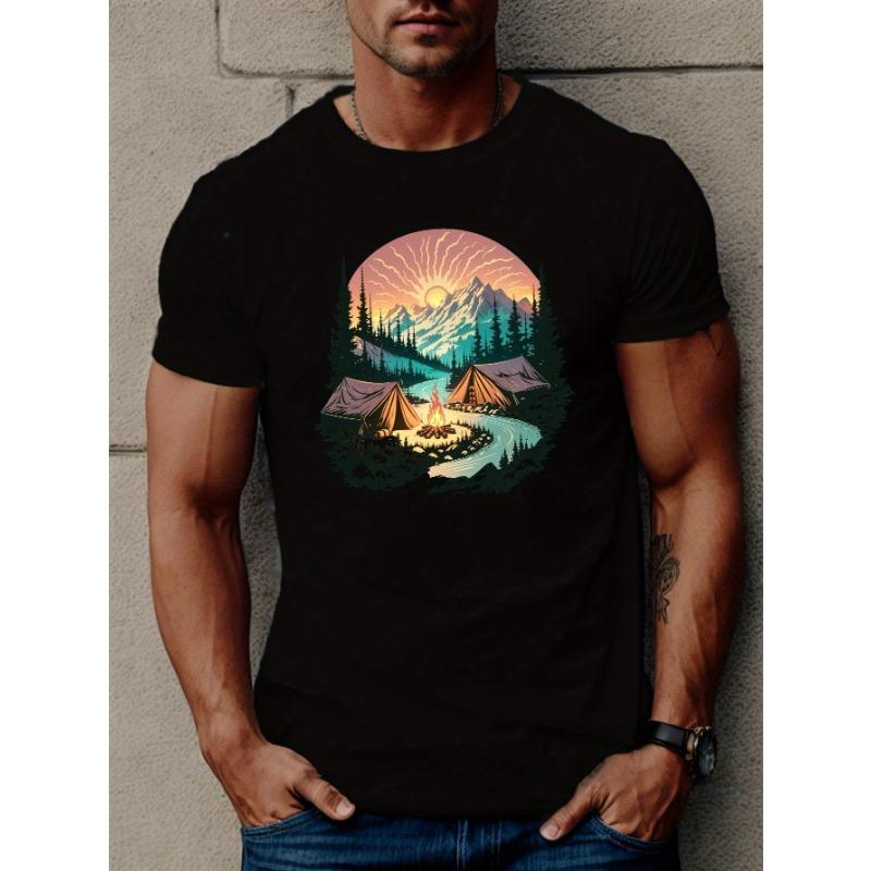 European Sizes Men'S Casual Crew Neck T-Shirt, Geometric-Patterned Top with Mountains and Rivers Design