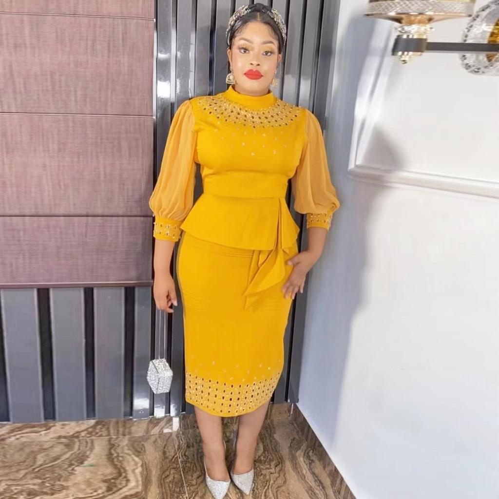 African Women's High-End Beaded Lantern Sleeve Dress