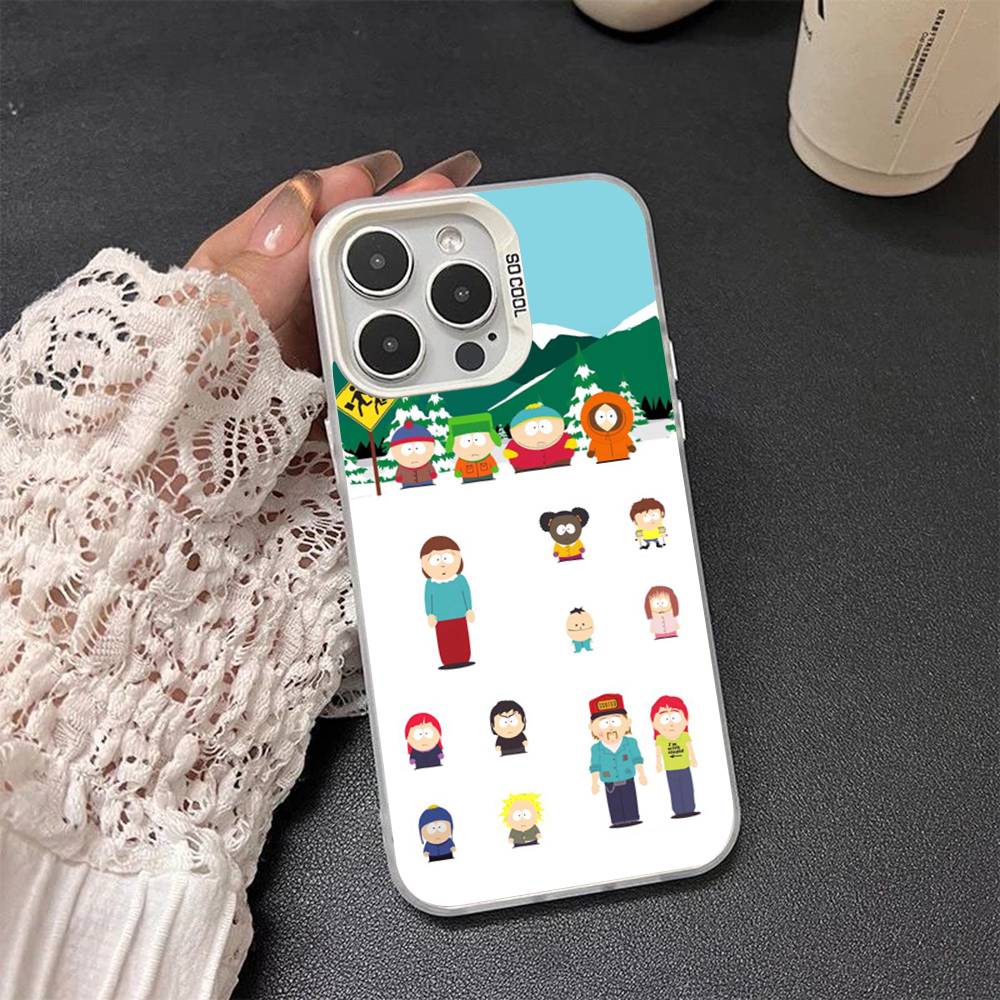 

Cartoon S-South P-Park Colored Silver frosted For iPhone Phone Case 17 16 15 14 13 12 11 Pro Max XR Plus Shockproof iPhone 17 pro