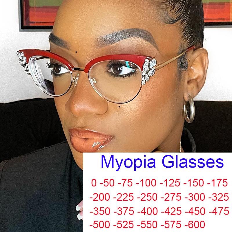 Sexy Ladies Cat Eye Myopia Glasses Clear Lens Anti Blue Light Red Frame Glasses Retro Diamond Rhinestone Eyeglasses Minus -1.75
