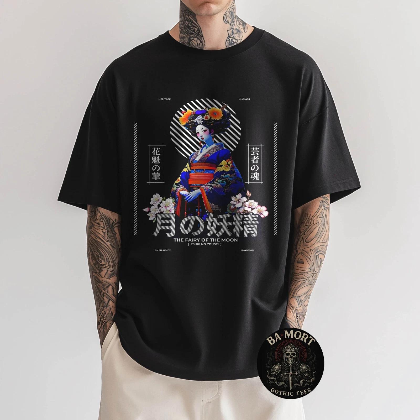 

Fairy of The Moon Japanese Geisha Blue Kimono 100% Cotton T-shirt Mens Tees Top 4XL