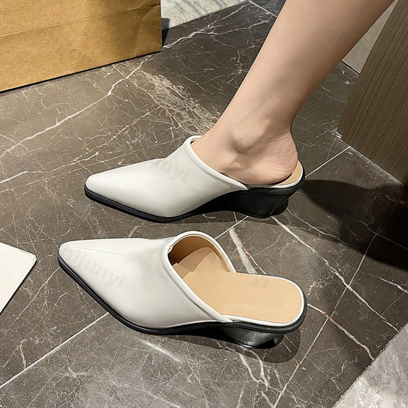 Fashion Women Slippers 2025 New Summer Square Toe Ladies Heel Mules Sexy High Heels Sandal Wedges Slippers Female Fashion Woman Sandals