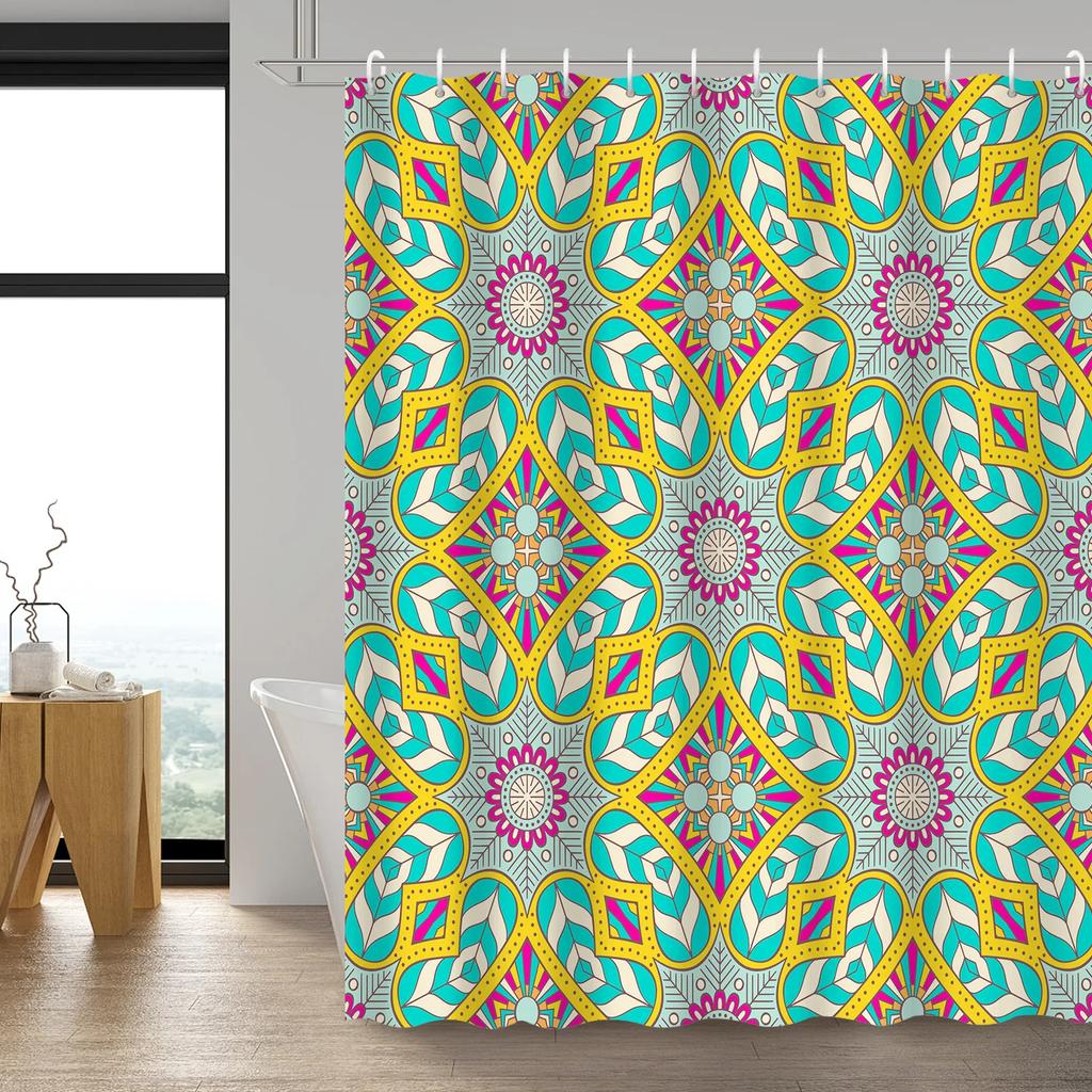 1 Stück Böhmischer Bunter Geometrischer Duschvorhang, Inklusive 12 Haken, Strapazierfähiges Polyester, für Badezimmer- & Heimdekoration
