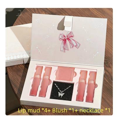 Matte Flüssige Schmetterling Lippen-Schlamm Box-Set Feuchtigkeitsspendend Sexy Rotes Make-up-Spiegel Lippen-Glasur Halskette Lipgloss Kosmetik Für Frauen Geschenk