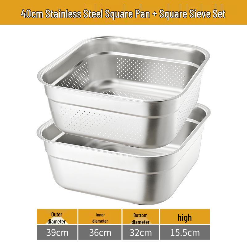 Large 304 Stainless Steel Colander with Lid - Square Vegetable Washing and Oil Draining Basin