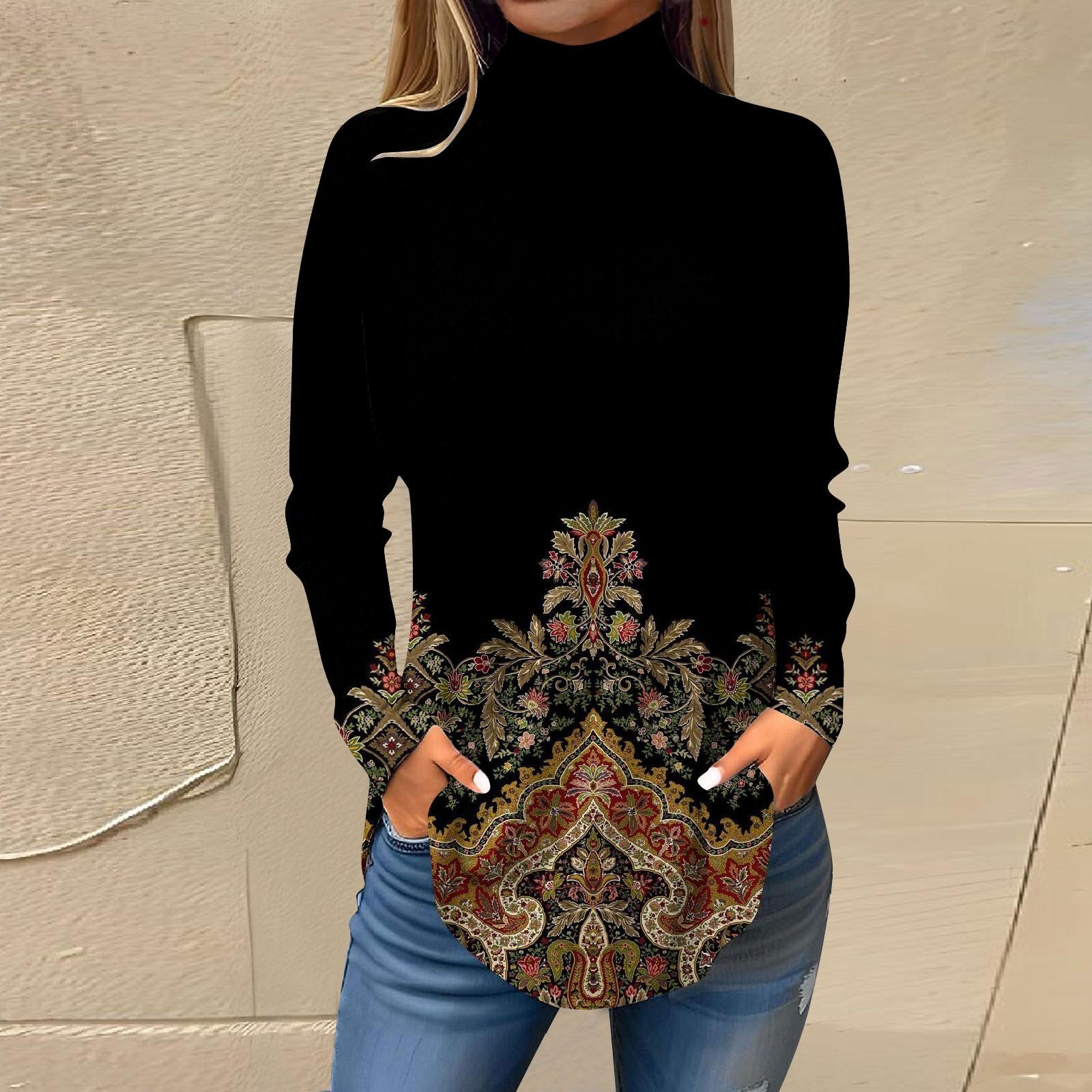 

Футболки для женщин, осенние повседневные рубашки с длинными рукавами, толстовка с винтажным принтом, топ с высоким воротом, пуловер M чёрный