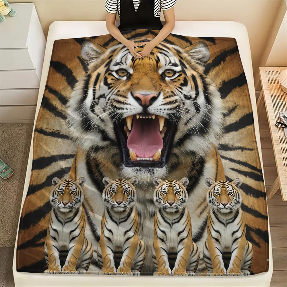 1Pc Tiger Lion Print Flannel Blanket, High Quality Comfortable for All Seasons, Home Decor, Warmth and Comfort, Perfect for Gifts