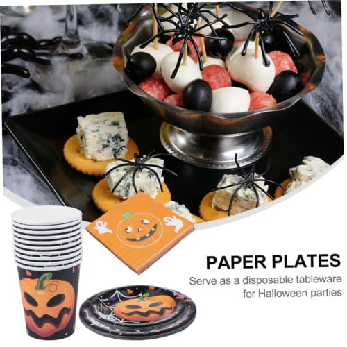 KOMBIUDA 50 Pieces Halloween Party Plates, Halloween Cups and Dishes, Halloween Paper Plates, Cake Plates, Paper Dessert Table Settings