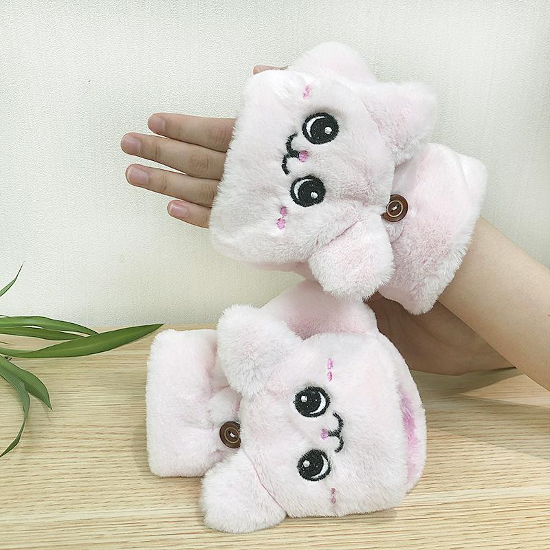 Winter Cute Cat Flip Gloves Plush Thickened Middle School Student Half Finger Fluffy Dew Finger Warm Plush Protection