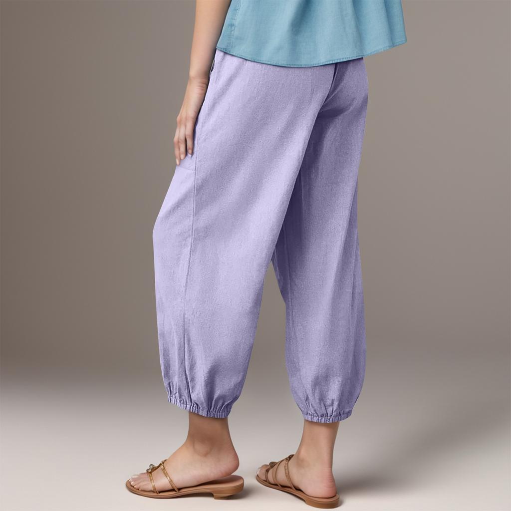 Women's Fashionable Color Cotton Linen Elastic Waist Decorative Casual Pants With Pockets