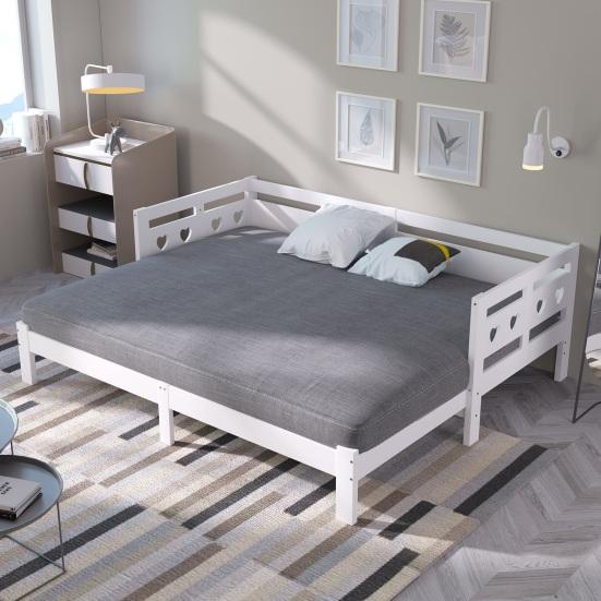 Pull-Out Bed Daybed, Bed, 90 X 200cm, Solid Pine, with Second Children Sleeping Space And Roll-Up Slatted Frame, Heart-Shaped White Flat