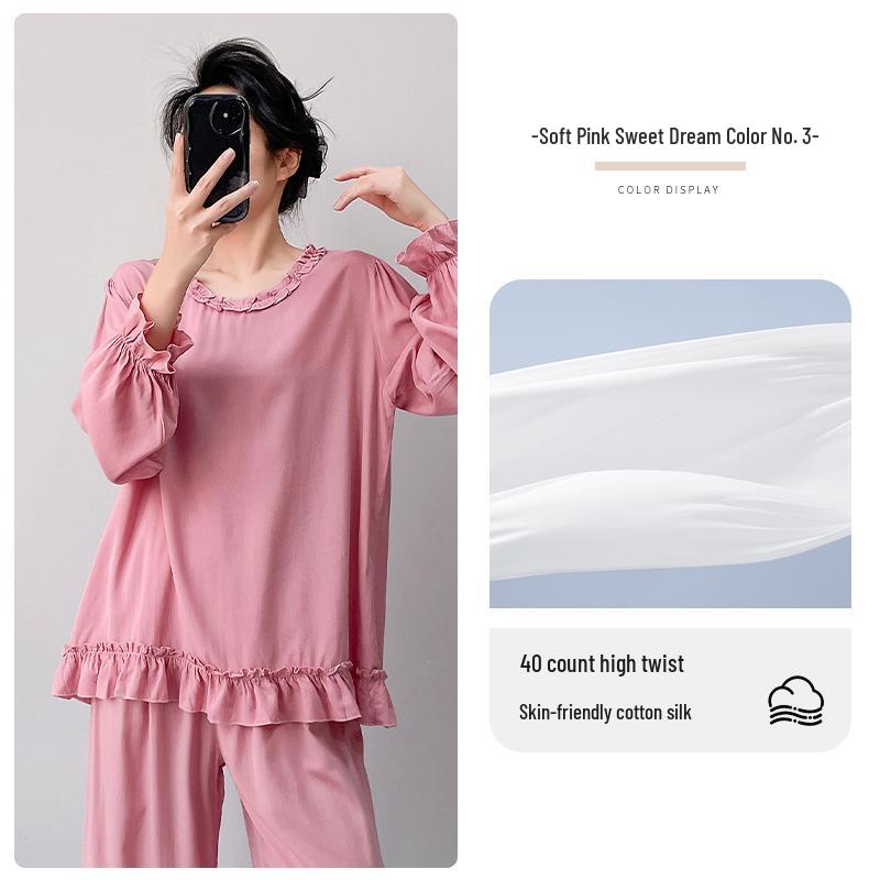 

Women s Cotton Silk Pajamas: Long Sleeve, Ruffled Top, Loose Wide-Leg Pants, Wear Indoors or Out, High-End Feel. One Size (Fits 80-150 Jin)